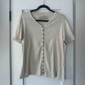 St. John's Bay Vintage Cream 100% Cotton Ribbed Button Top - Size Large